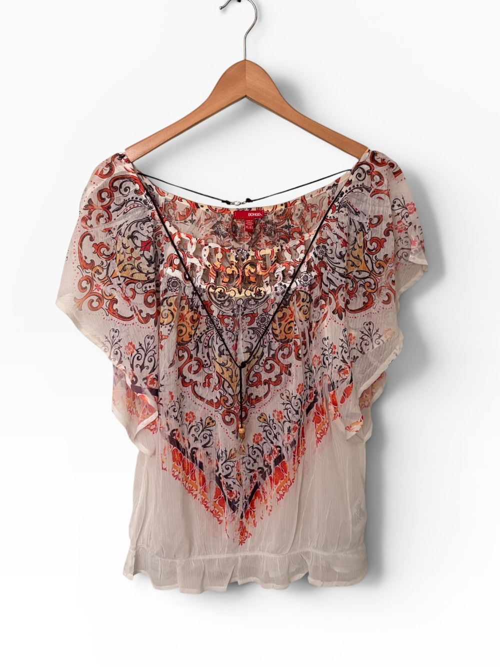 BONGO Juniors XL Cream Boho Printed Flutter-Sleeve Blouse Tribal Coral Accents
